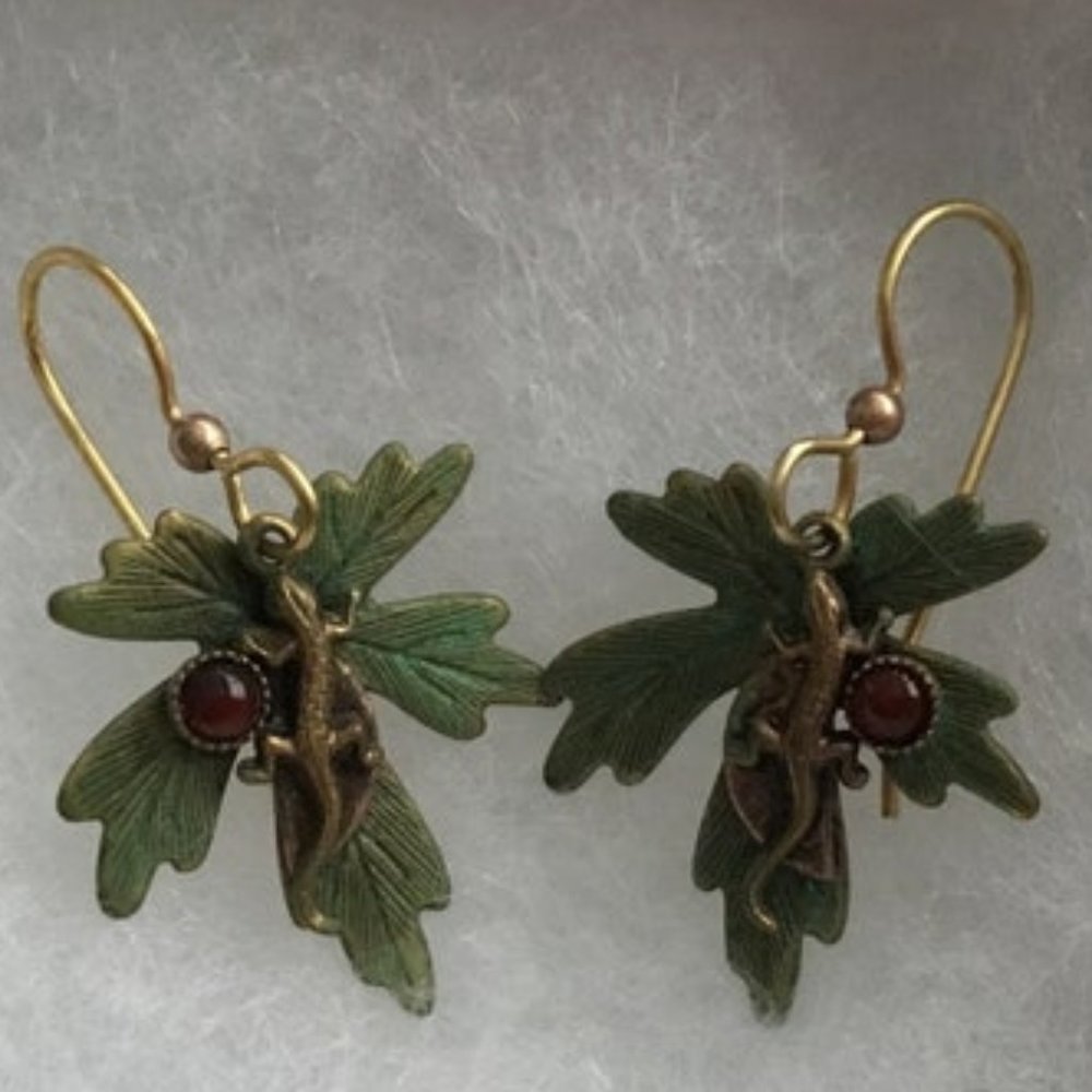 Artisan Lizard garnet leaf brass Drop Earrings